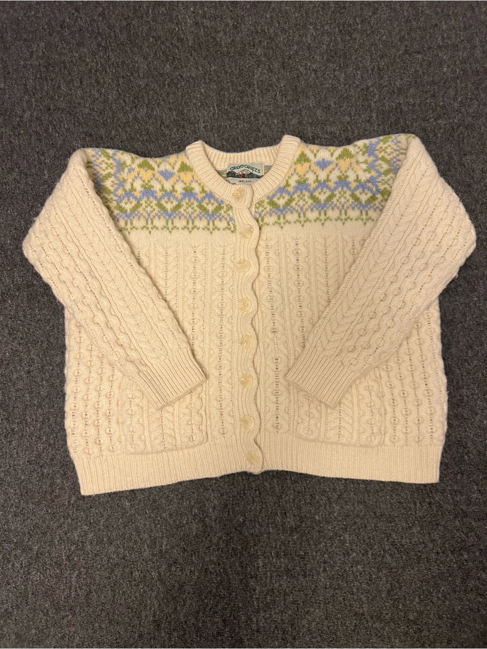 Aran Crafts Ireland 100% Merino Wool Cable Knit Cardigan Fair Isle L